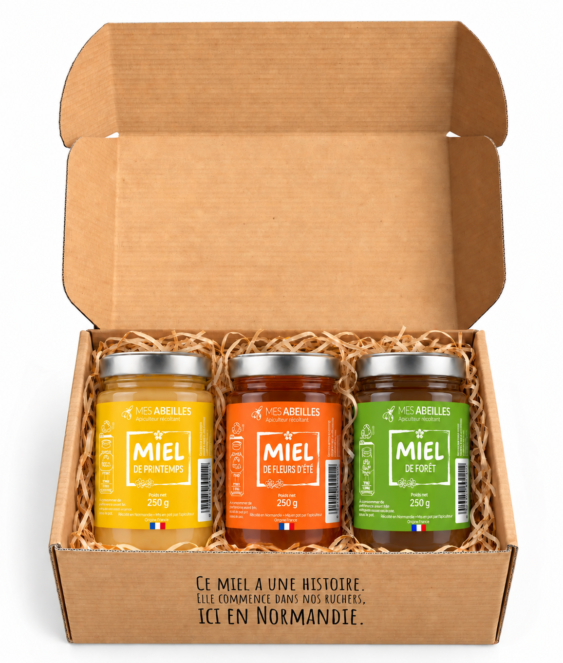 Coffret découverte – 3 miels de Normandie – 3 × 250 g